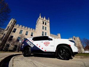 NASCAR pacecar outside of Altgeld Hall